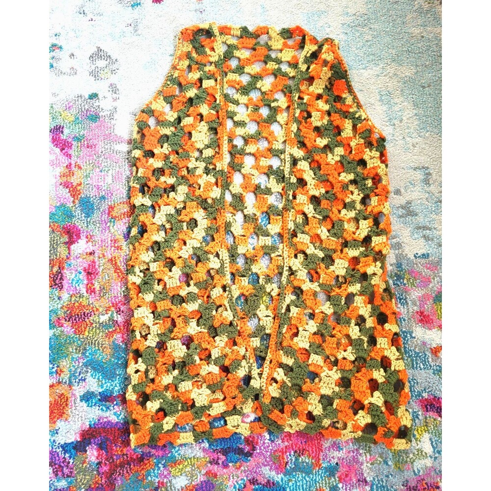 Handmade Vintage Crocheted Orange Yellow Green Hippie Unisex Long Vest Costume L